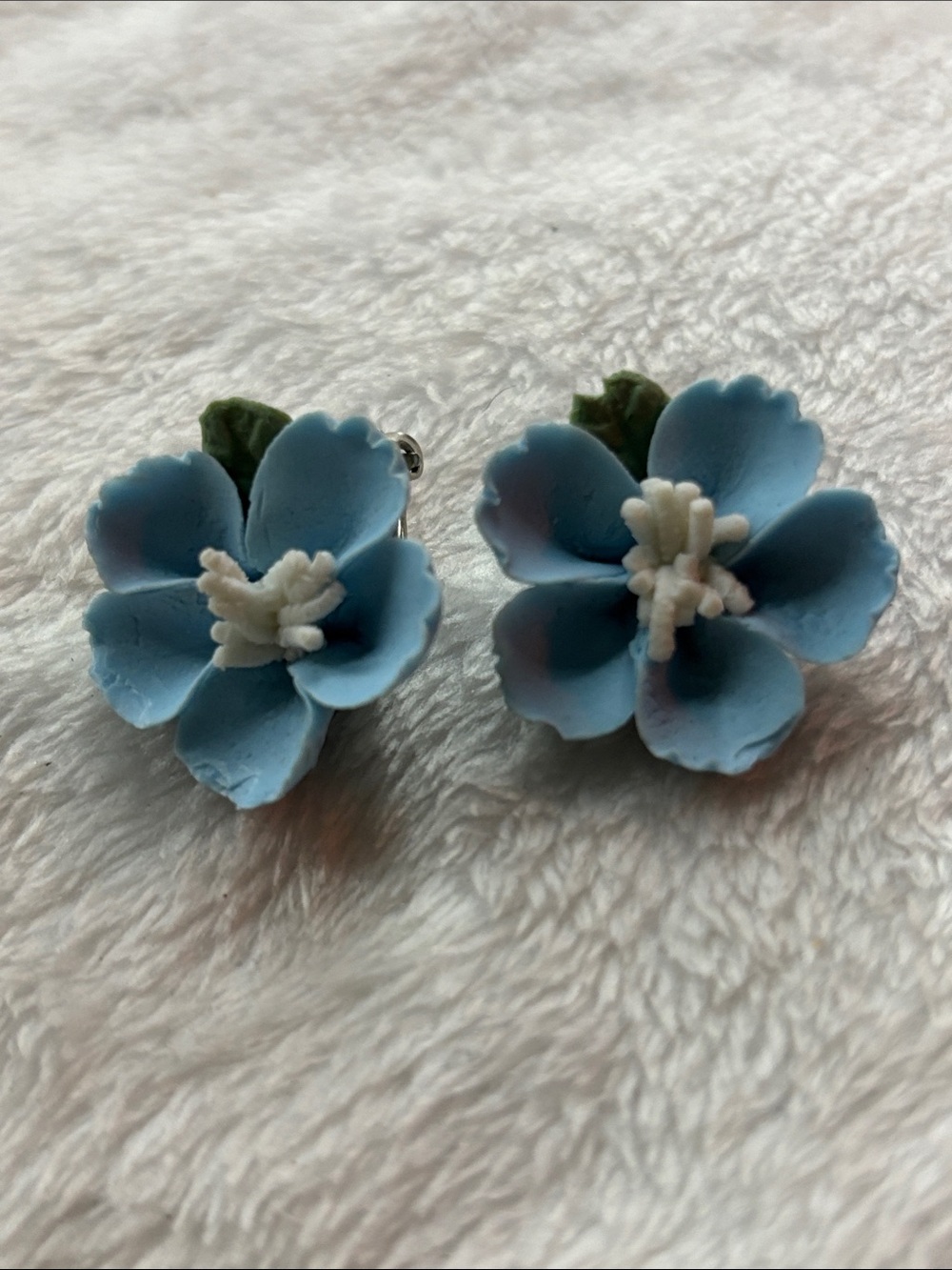 Antique Porcelain Blue Floral Clip-On Earrings - Delicate Flower Design